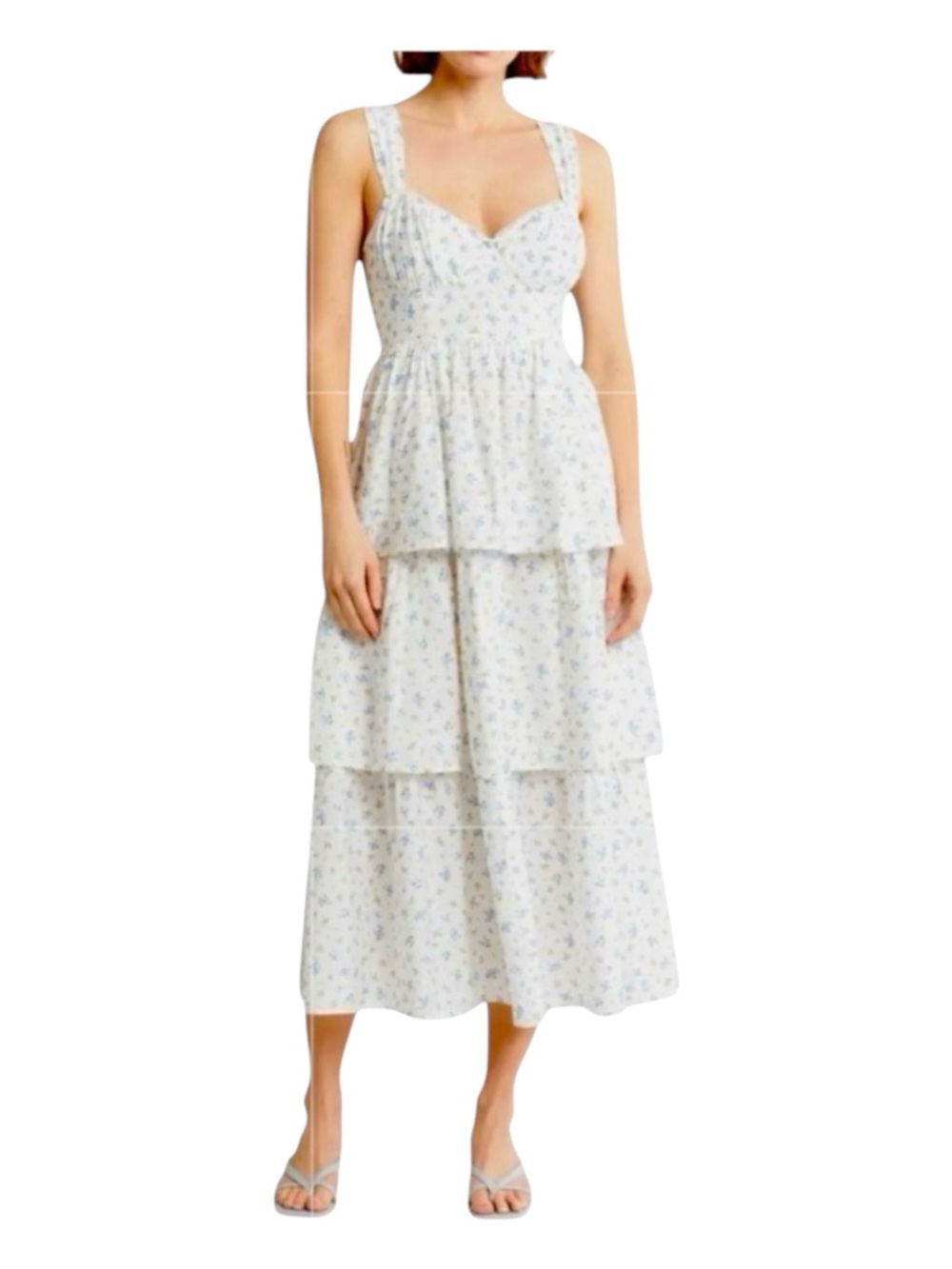 BLU PEPPER MINE White Floral Tiered Tie Strap Midi Sundress, Size M.